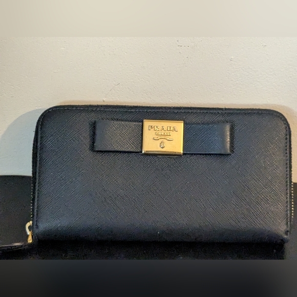 Prada Handbags - PRADA Authentic Genuine Saffiano Leather Ribbon Long Black Gold Hardware Wallet